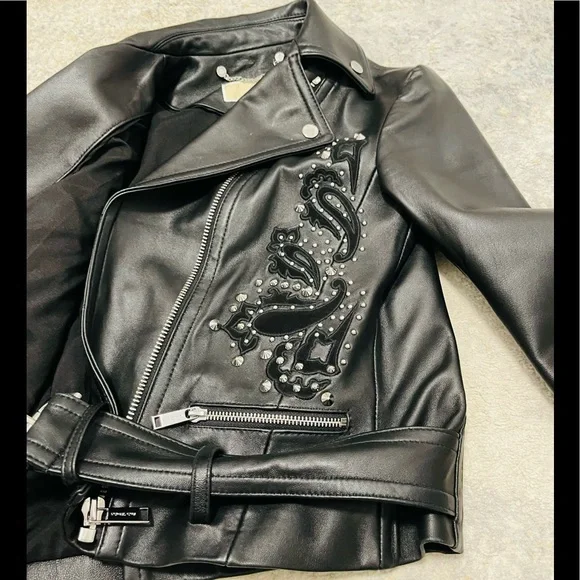 Like New MICHAEL Michael Kors Studdded Belt Biker Jacket 100% Real Lamb Leather - Picture 8 of 14